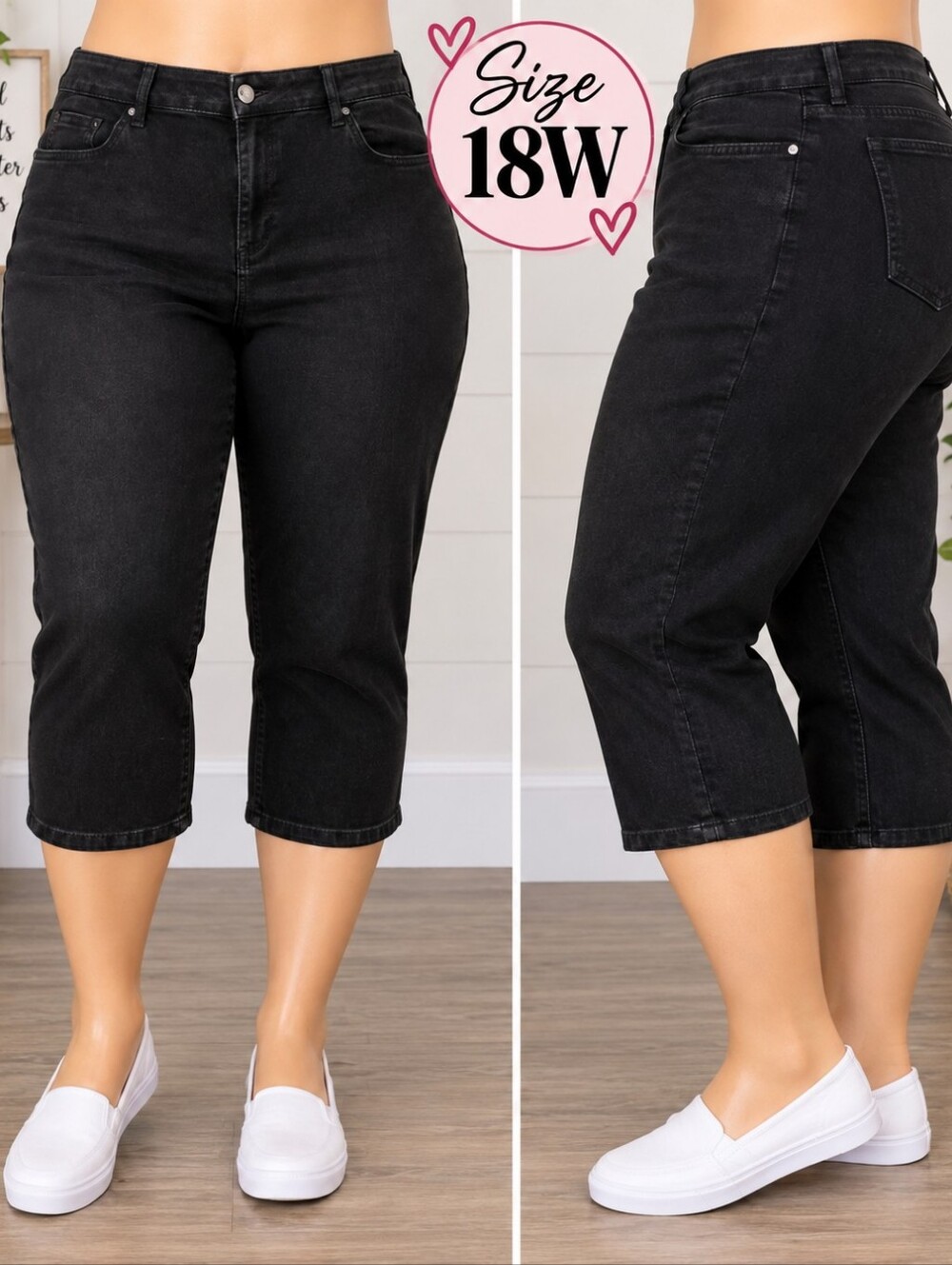 d.jeans Women’s 18W Black Denim Capri Jeans Plus Size Cropped Casual Classic